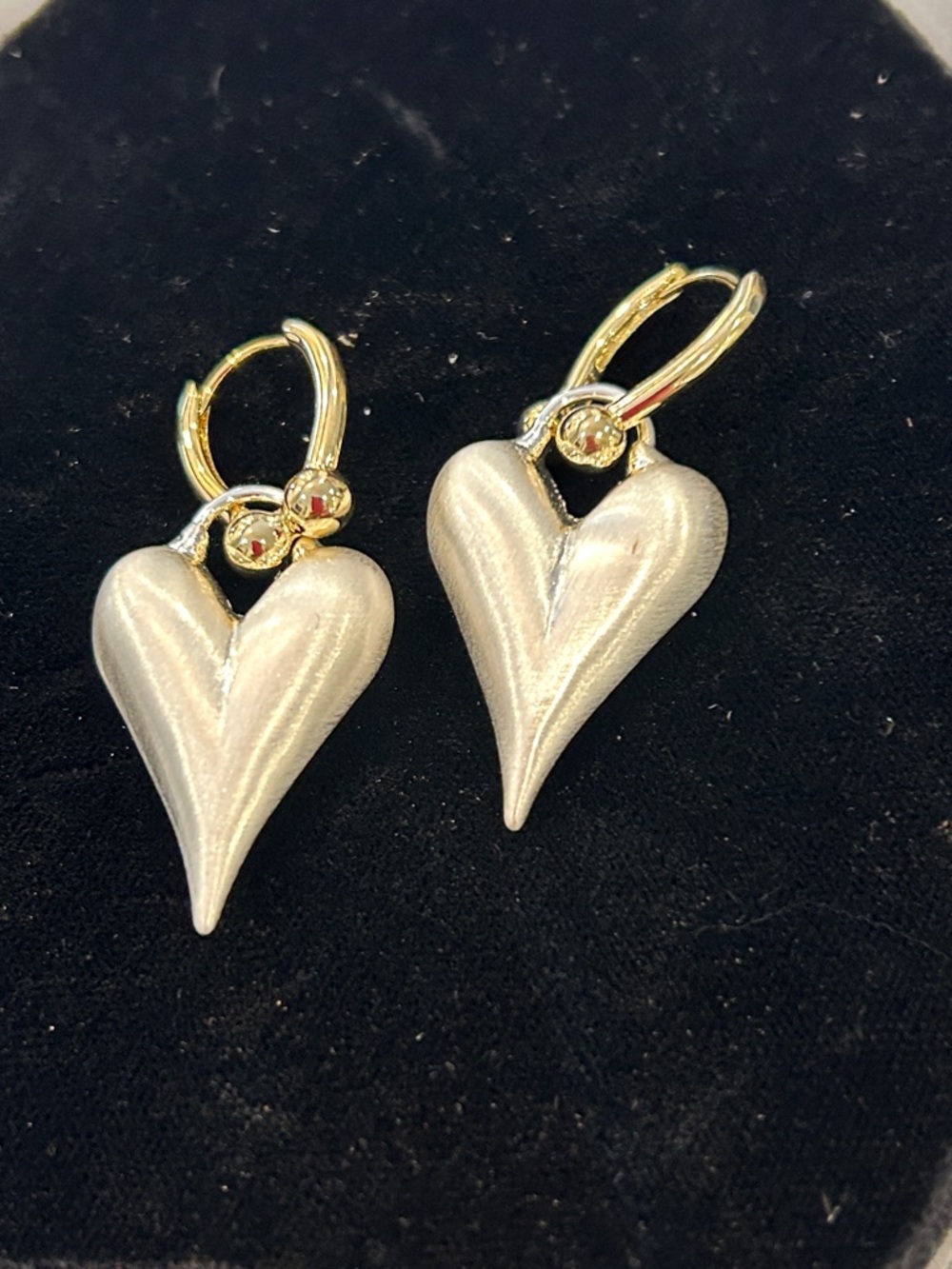 Matte Silver Heart Charms on Polished Gold Finished Small Hoops-NWT